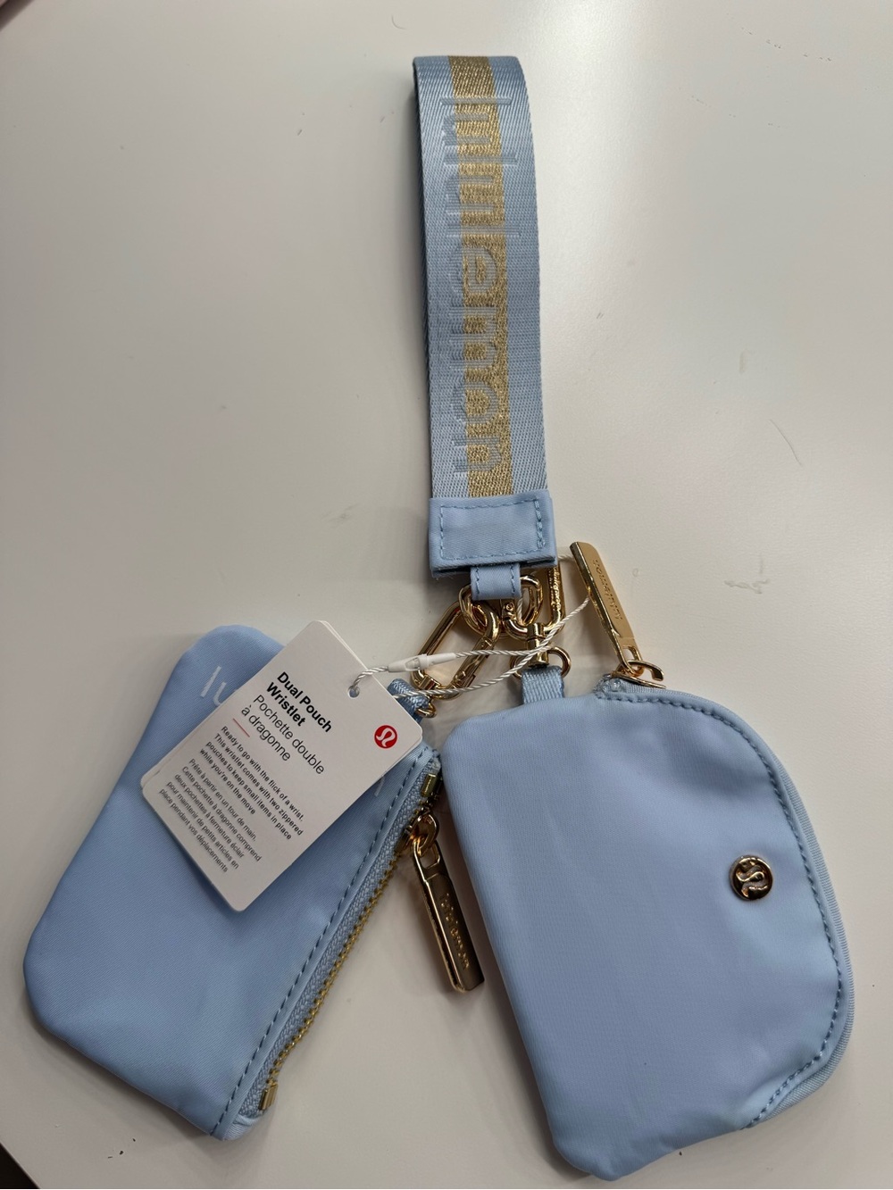 Light Blue Triple Pouch Wristlet with Gold Accents